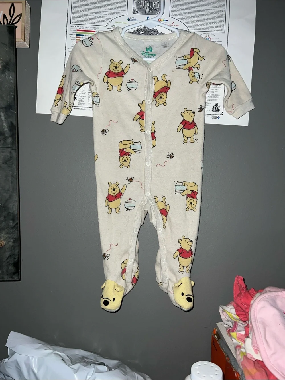 Disney Cream Winnie the Pooh Footed One-Piece Pajamas with Yellow Accents